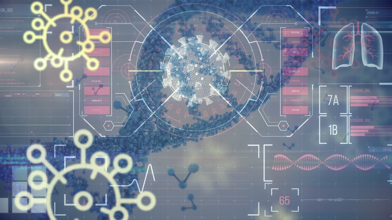 디지털 화면에 있는 데이터 위에 있는 바이러스 세포와 dna의 애니메이션