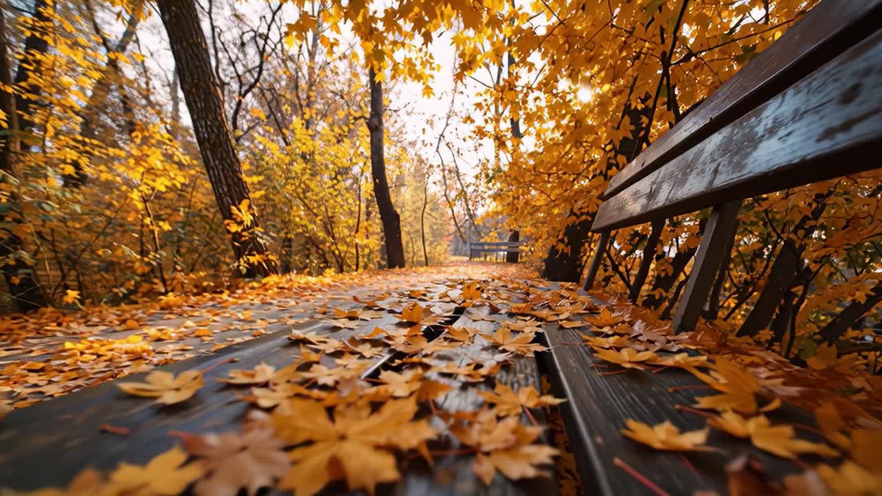 A Tranquil Autumn Pathway: Golden Leaves Carpet a Serene Boardwalk Surrounded by Lush Trees, Capturing the Essence of Seasonal Change