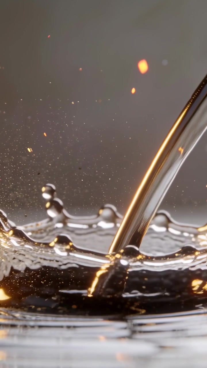 Vertical video: Pouring golden stream entering right, striking pool in studio, forming crown spray