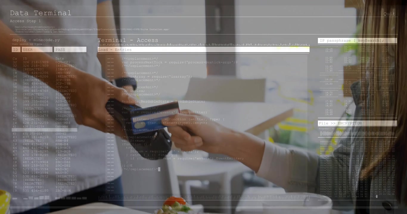 Male server holding reader at cafe, guest tapping card, paying for salad, drink, data HUD appearing