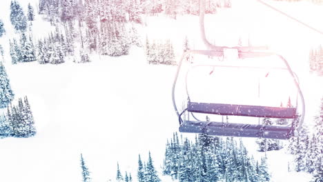 digital animation of spots of light against snow falling over cable car on winter landscape