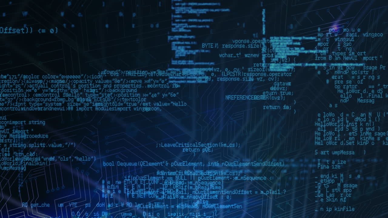 Animation of data processing and binary coding on blue background