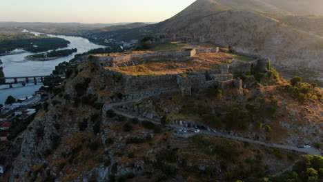 Fantastic-aerial-shot-at-sunset-and-in-orbit-of-the-Shkoder-Castle-of-Rozafa