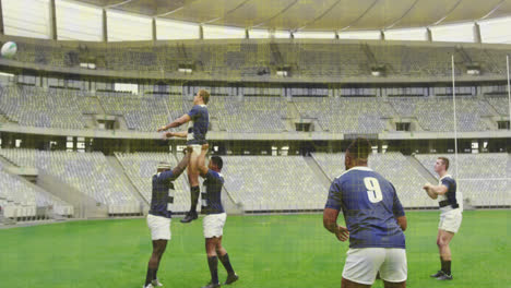 Animation-of-colourful-squares-over-male-rugby-players-at-stadium