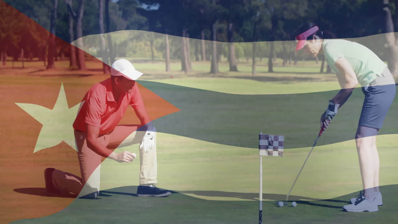 man kneeling holding golf ball as woman lining up putt, with animated overlay showing sports tech