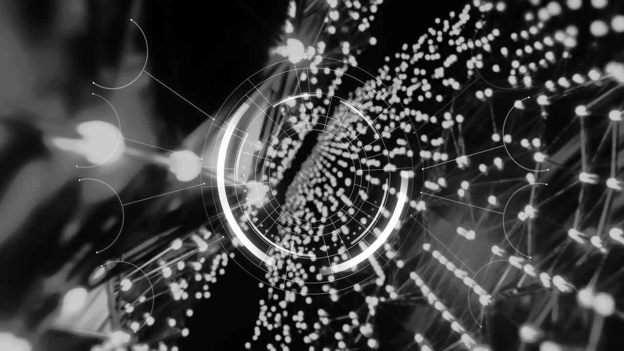 Animation of circular scanner over network of white lights on black background