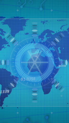 animación de escaneo de alcance con números que cambian sobre el mapa del mundo sobre fondo azul