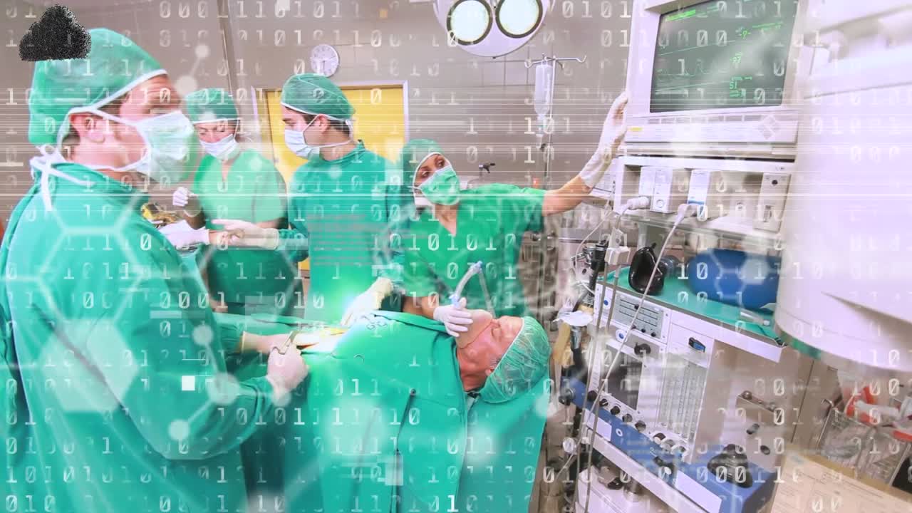 animación de codificación binaria y procesamiento de datos sobre diversos cirujanos en el quirófano