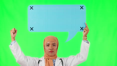 Muslim-woman,-doctor-and-speech-bubble-protest