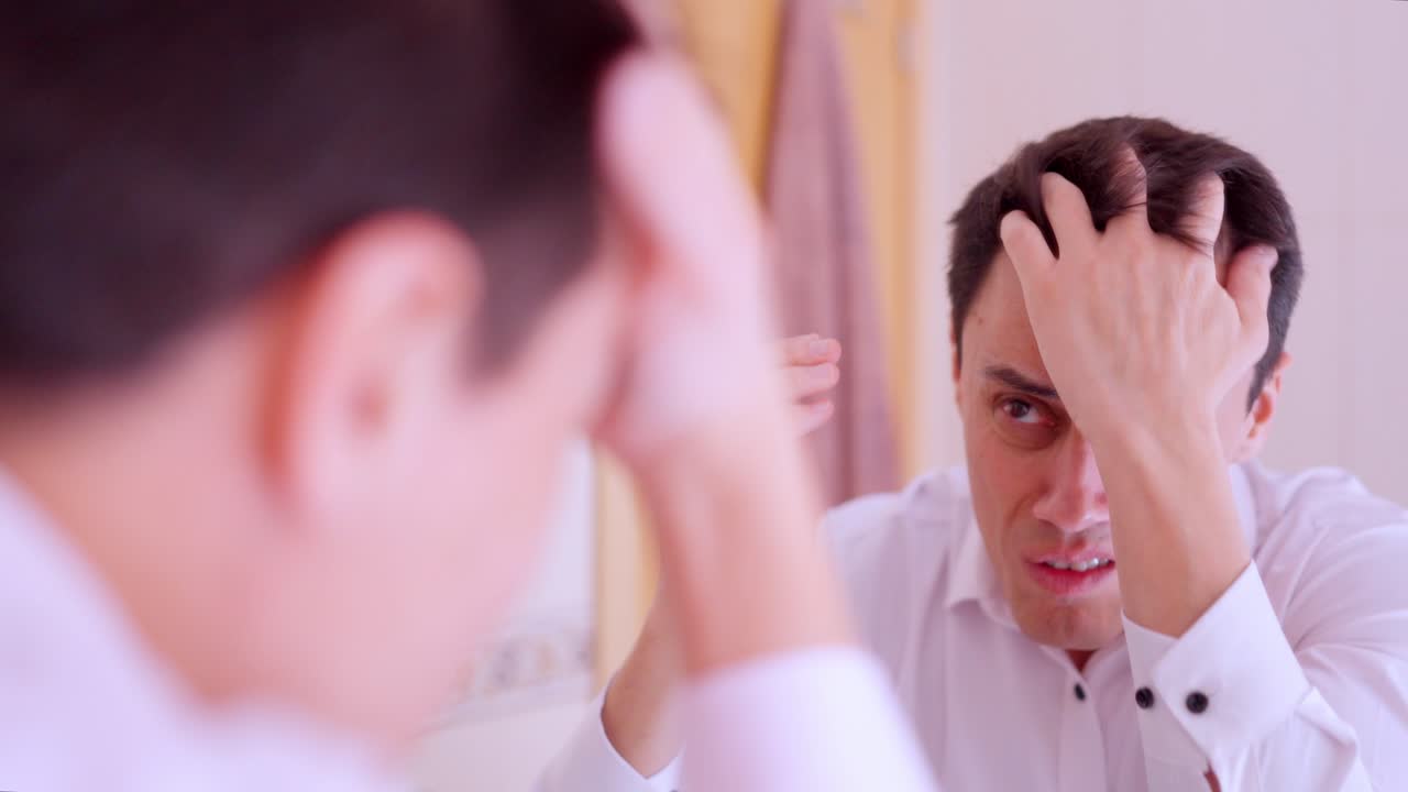 Worried man examining hair loss in bathroom mirror