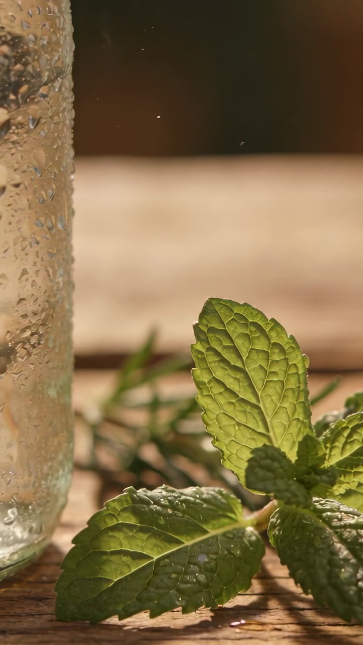Refreshing Mint and Water Bottle with Droplets in Sunlight