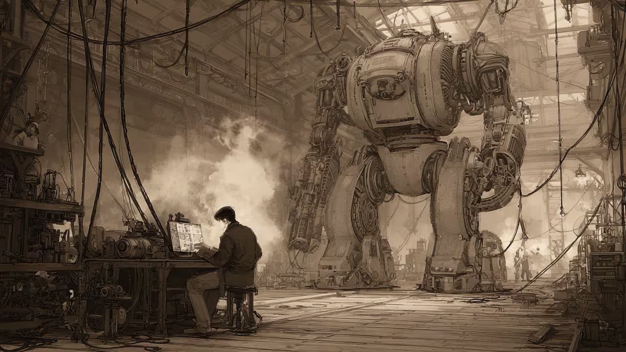 A futuristic engineering workshop scene depicts a massive, intricately designed robot looming over a focused technician at his workstation, surrounded by various tools and machinery in a dimly lit atmosphere
