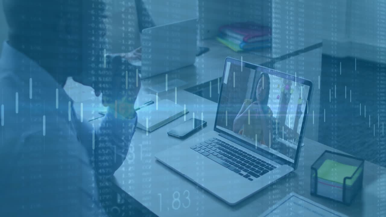Man powering on laptop and joining business call, receiving data overlays while taking notes