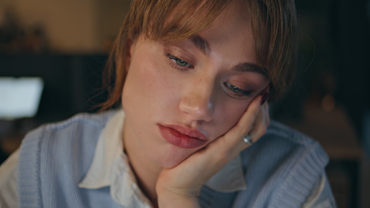 과부하 된 사업가 여성 노트북을 찾고 사무실 책상에 앉아 늦은 저녁 클로즈업