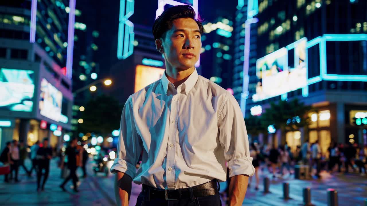 A man in a white shirt stands confidently in a vibrant cityscape at night