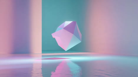 abstract pastel geometric shape floating in a reflective room