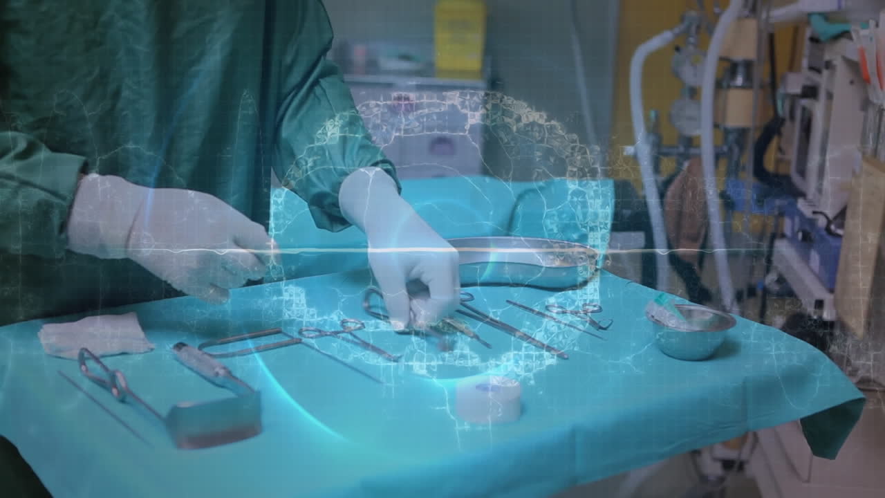 animación del procesamiento de datos sobre el científico vertiendo líquido en el vaso de laboratorio