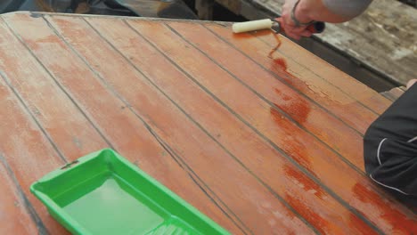 rolling varnish roof planks of wooden boat wheelhouse cabin