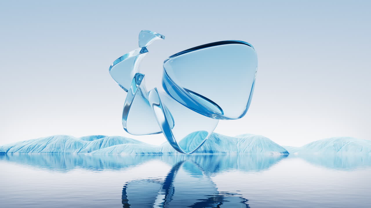 Glass geometries over the lake in the nature, 3d rendering.