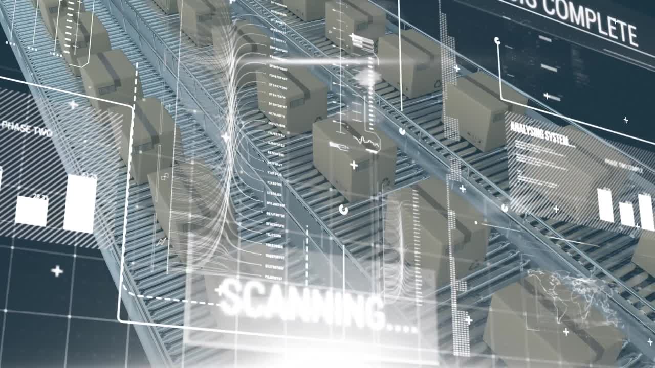파란색 배경에 대한 컨베이어 벨트에 있는 여러 상자에서 데이터 처리를 하는 디지털 인터페이스