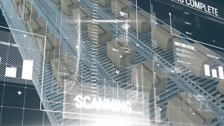 Digital interface with data processing over multiple boxes on conveyor belt against blue background