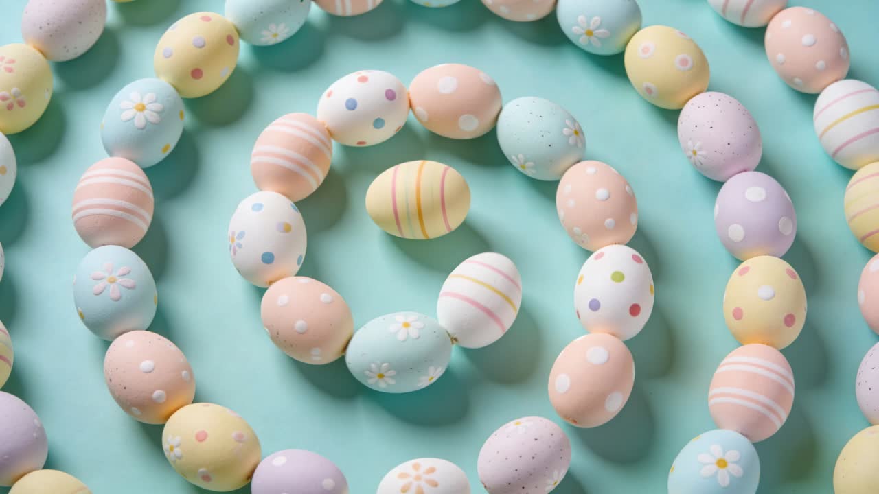 Gentle shift initiating patterned pastel eggs moving clockwise on teal surface, tightening spiral