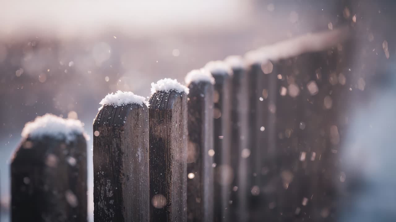 Starting light flurries forming snow caps on wooden picket fence under winter sun, with bokeh
