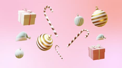 animation of christmas decorations on pink background