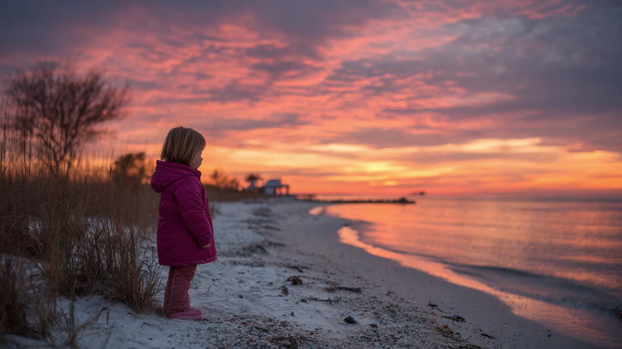 A Child's Awe-Inspiring Moment at Sunset by the Shore: Capturing the Beauty of Nature and Innocence in a Serene Coastal Setting