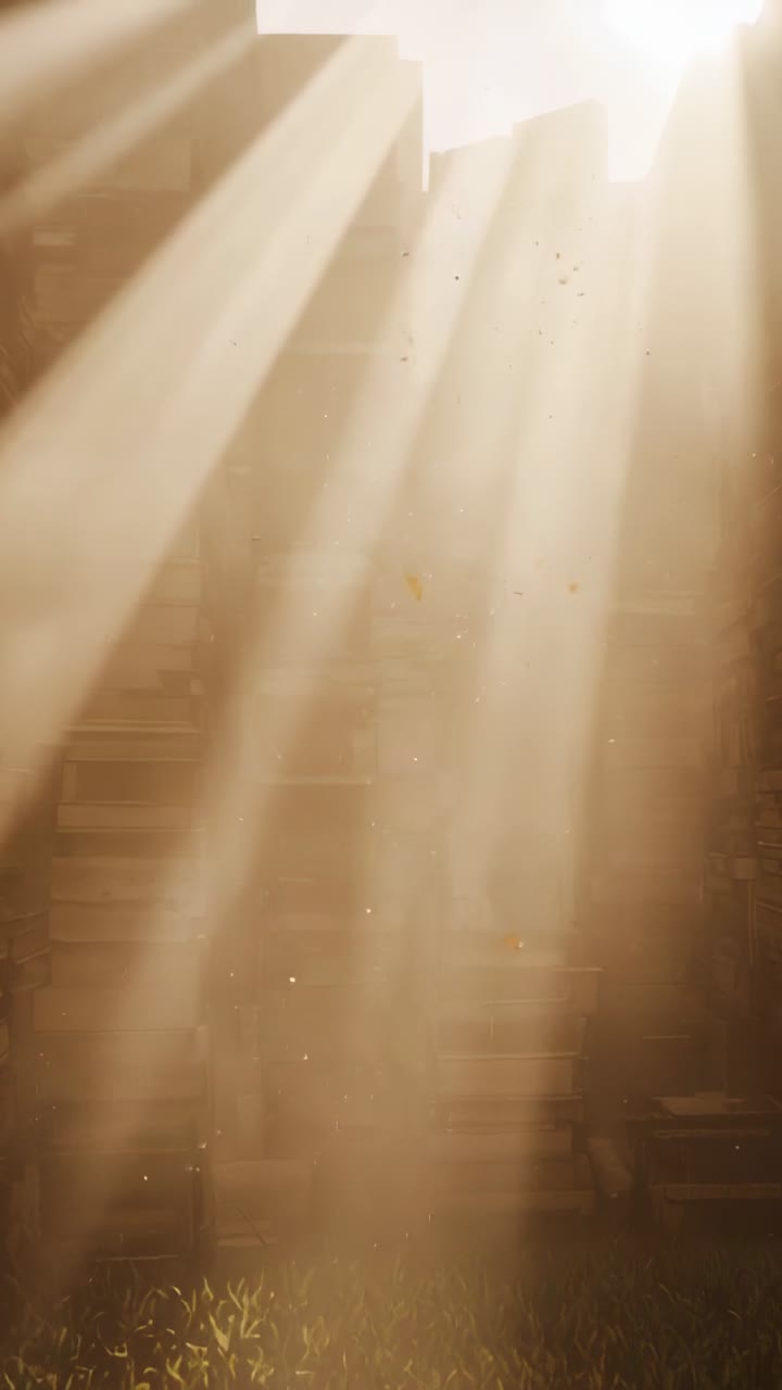 Vídeo vertical: Raios de luz brilhantes reagindo à abertura superior que se alarga no poço, iluminando poeira e grama.