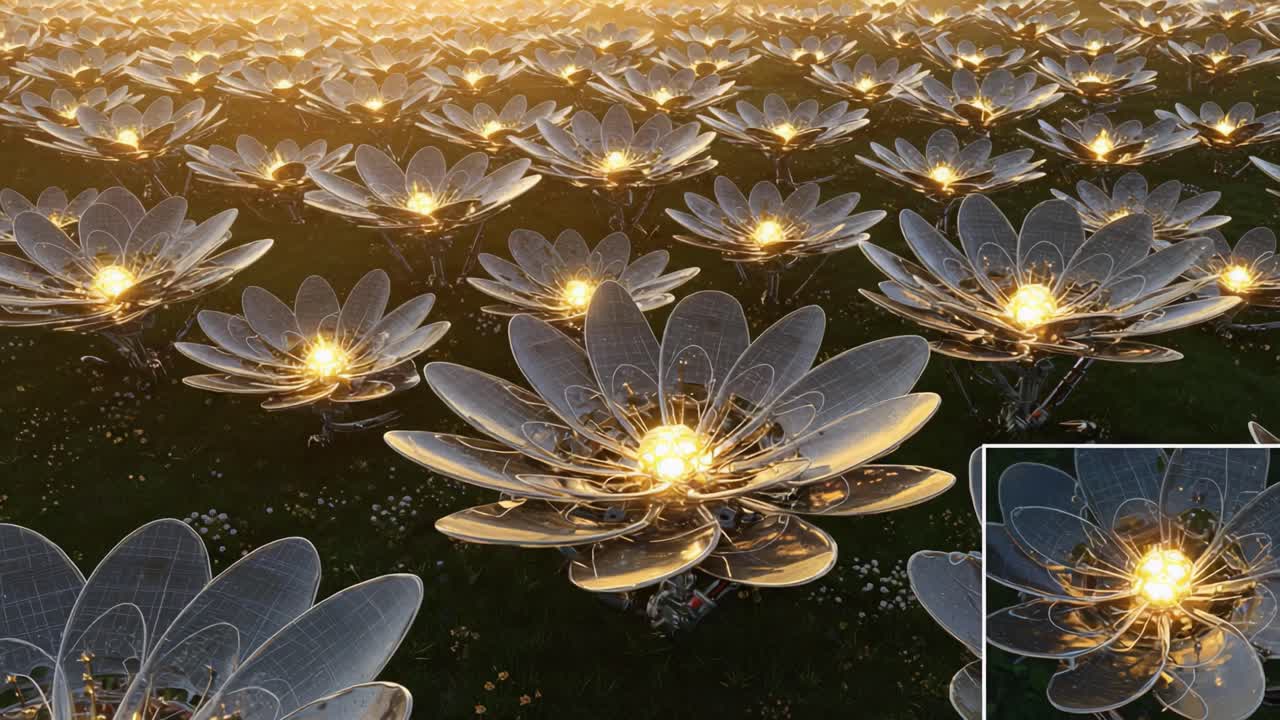An Enchanting Field of Illuminated Floral Structures: Stunning Visuals of Light-Emitting Petals Evoking Beauty and Innovation in a Surreal Landscape