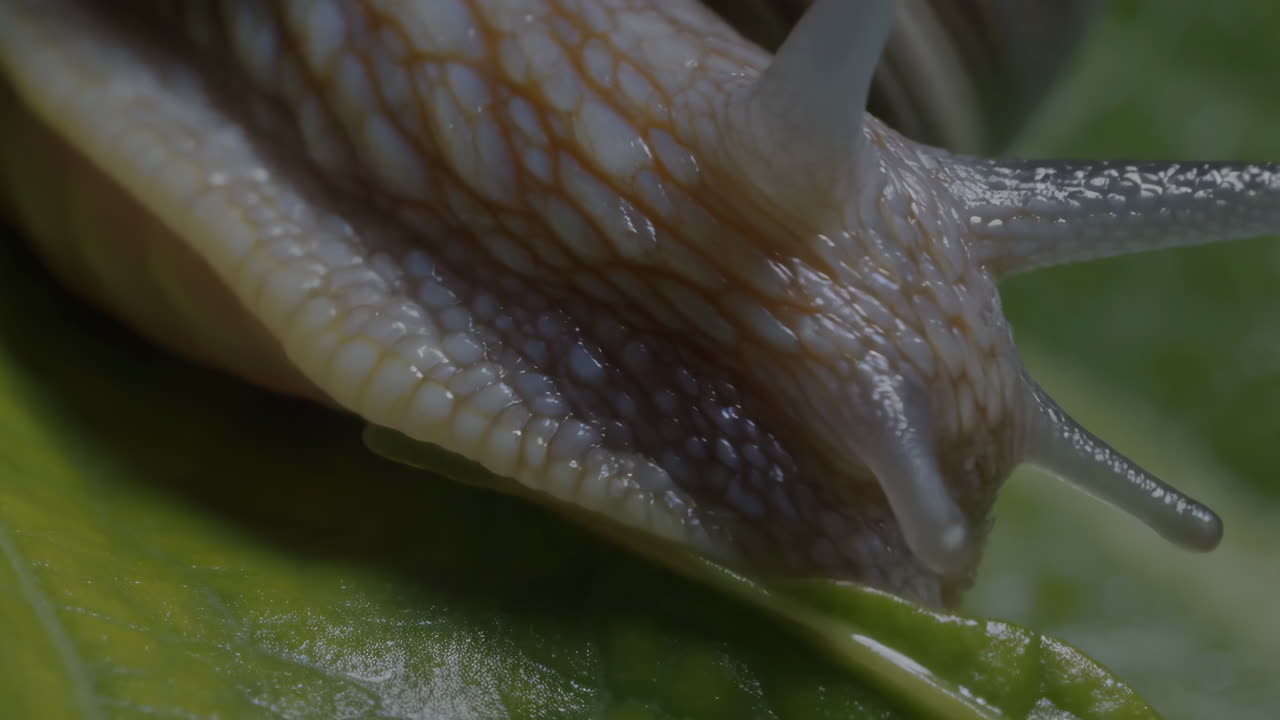 Close-up of a Snail on a Green Leaf