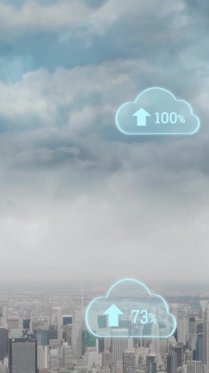 Animation of digital clouds with uploading floating over cityscape