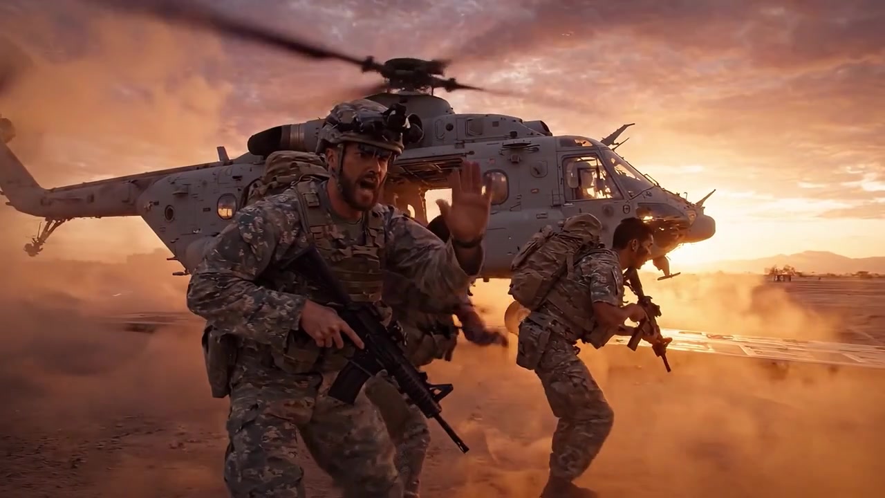 Truppe impegnate in manovre tattiche mentre un elicottero militare si allontana operativamente sullo sfondo di un tramonto drammatico in un ambiente desertico.