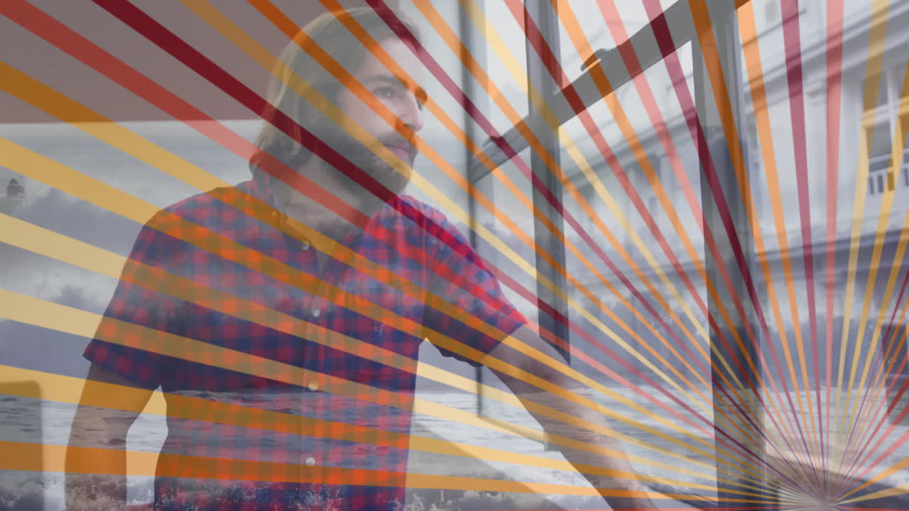 Standing by window, man in plaid shirt with colorful radial lines animation