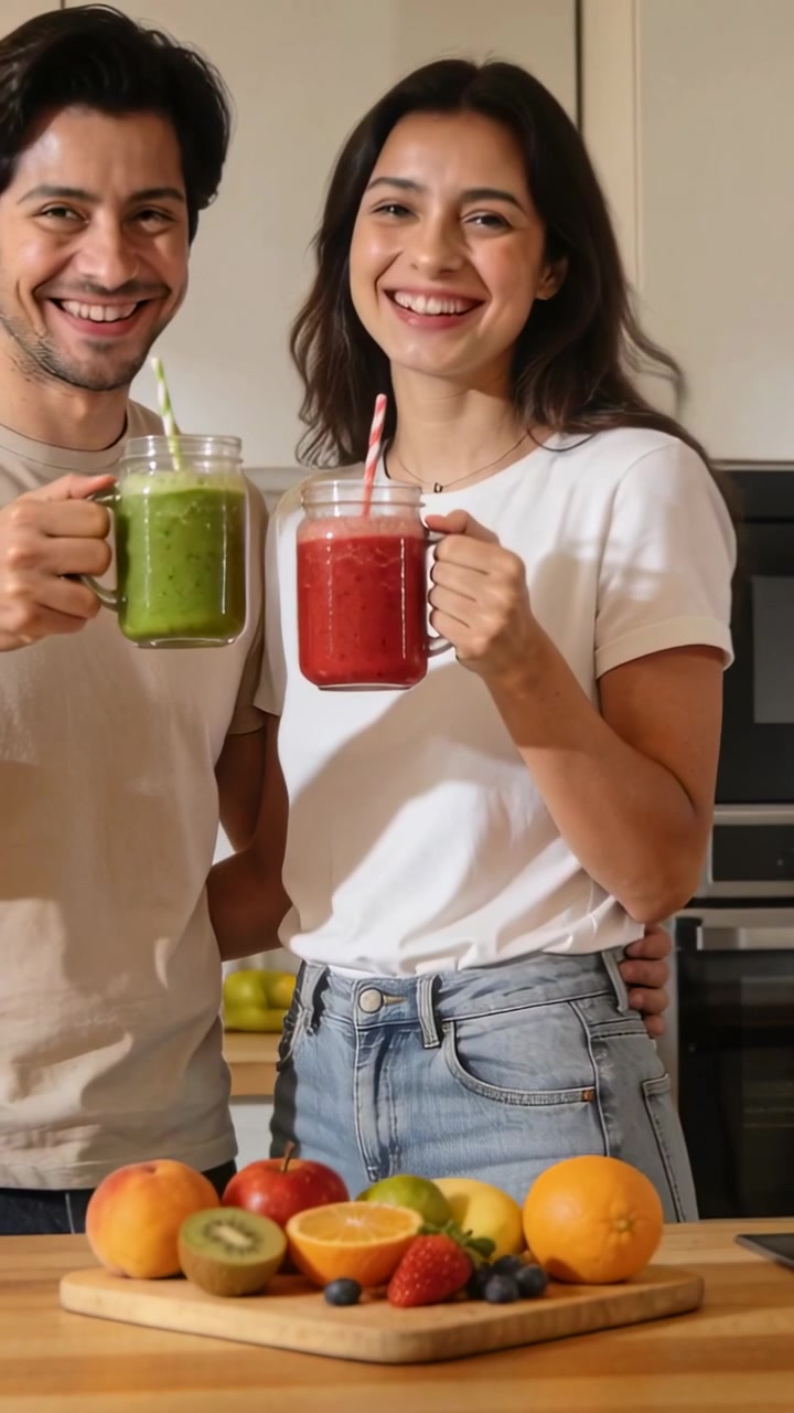Video verticale: Coppia sorridente che solleva frullati in barattoli di vetro in cucina, brindando sopra un tagliere di frutta.
