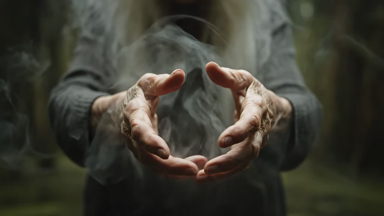 Hands manipulating smoke in a mystical forest