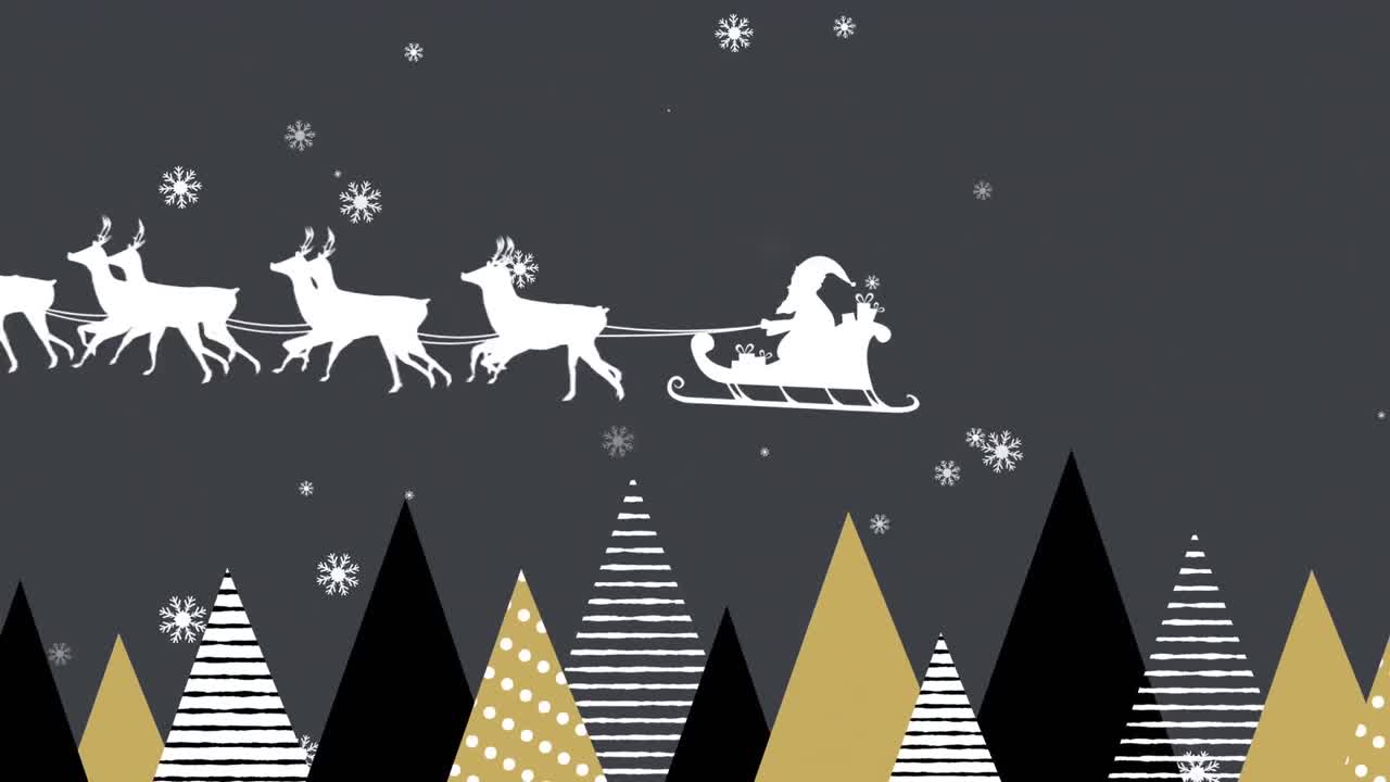 animación de santa claus en trineo con renos sobre abetos y nieve cayendo