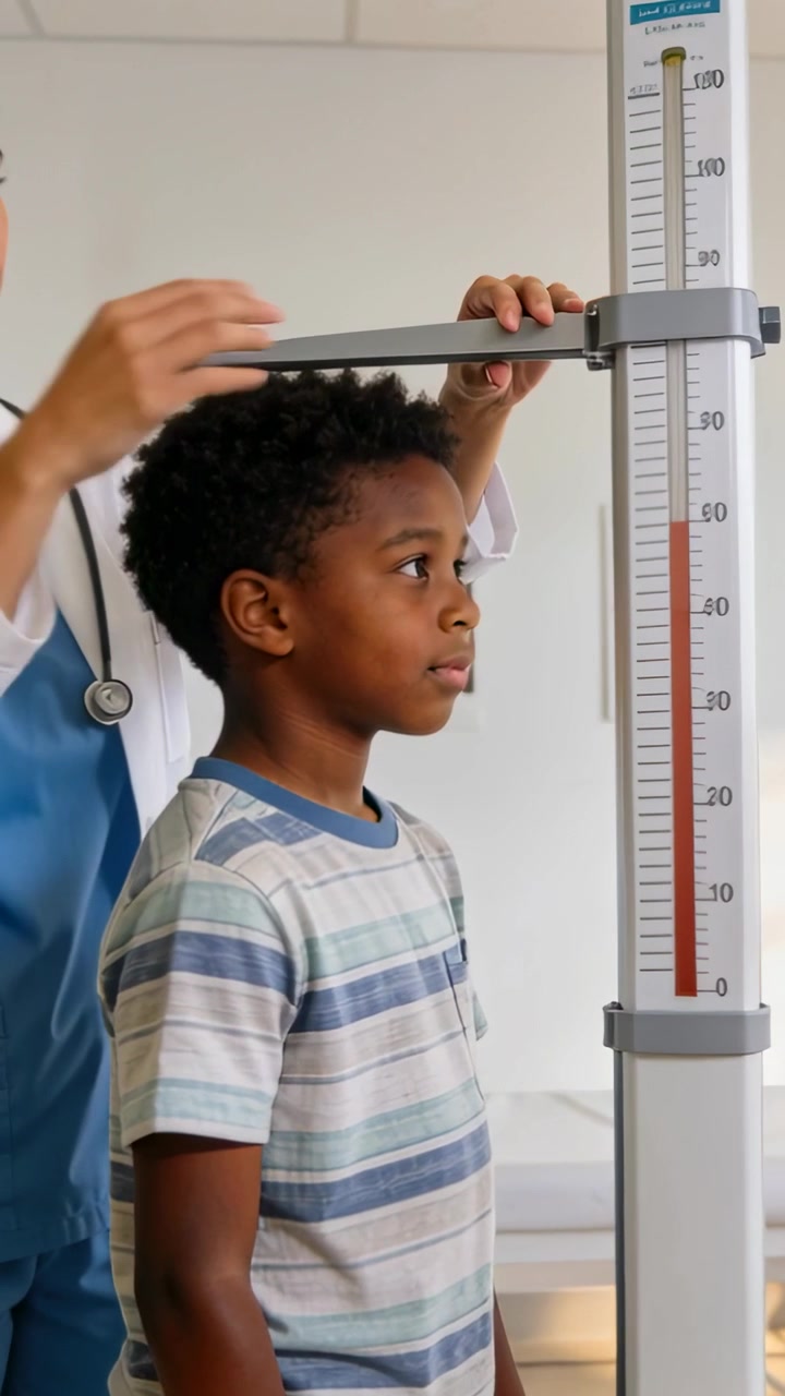 Vertical video: Entering child, clinician lowering height rod in clinic for height check, in coat