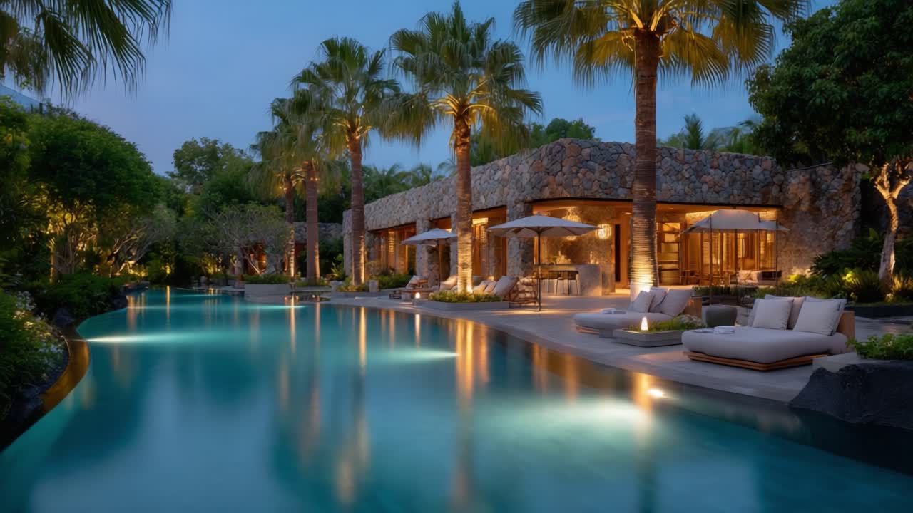 Serene Evening Retreat: The Tranquil Luxury Poolside Experience Surrounded by Lush Palm Trees and Soft Ambient Lighting at Twilight