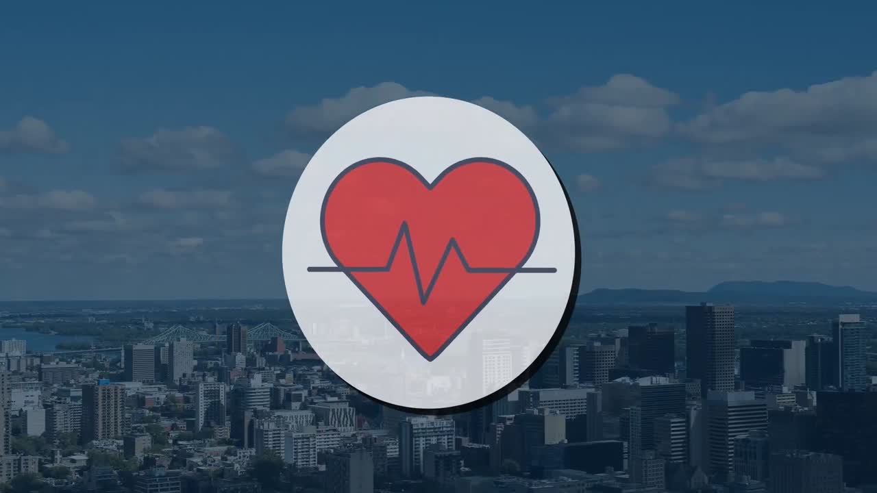 animación del icono del latido del corazón sobre el paisaje urbano