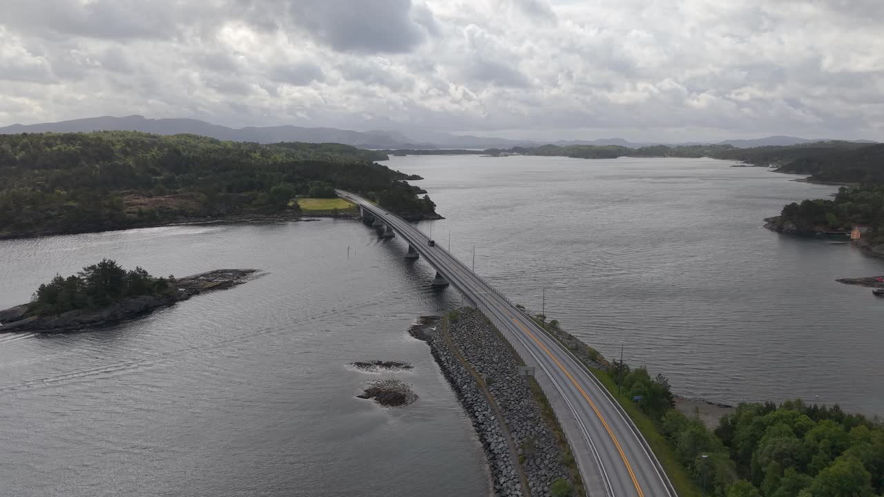 Spissoy Bridge At Spissoy To Klungervika At Bomlo In Hordaland County, Norway. Aerial Drone Shot
