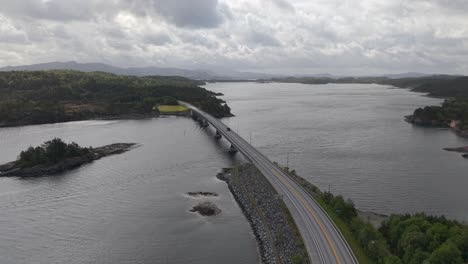 Spissoy Bridge At Spissoy To Klungervika At Bomlo In Hordaland County, Norway. Aerial Drone Shot