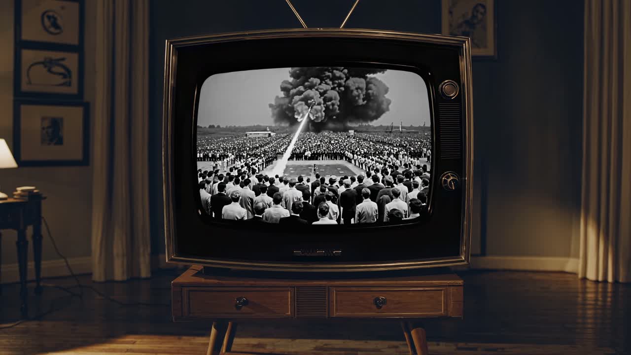 Vintage TV displaying a black-and-white video with a mysterious object