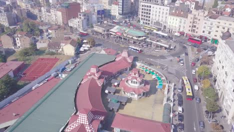 fantastic aerial tilting shot of zeleni venac station and market in belgrade centre