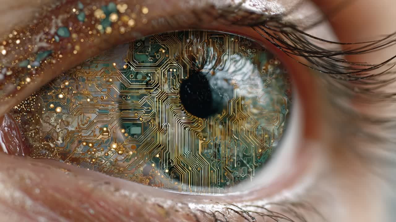 A Close-Up View of an Intricate Eye with Circuit Patterns, Merging Natural Beauty and Technological Innovation, Showcasing a Fascinating Blend of Human Anatomy and Digital Aesthetics
