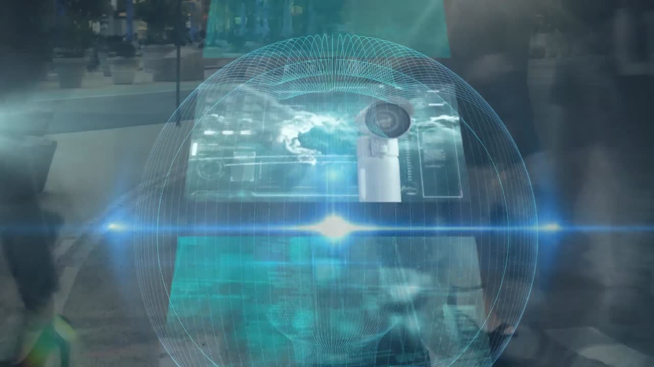 빠른 동작으로 걸어가는 보행자 위의 화면에서 데이터 처리의 애니메이션