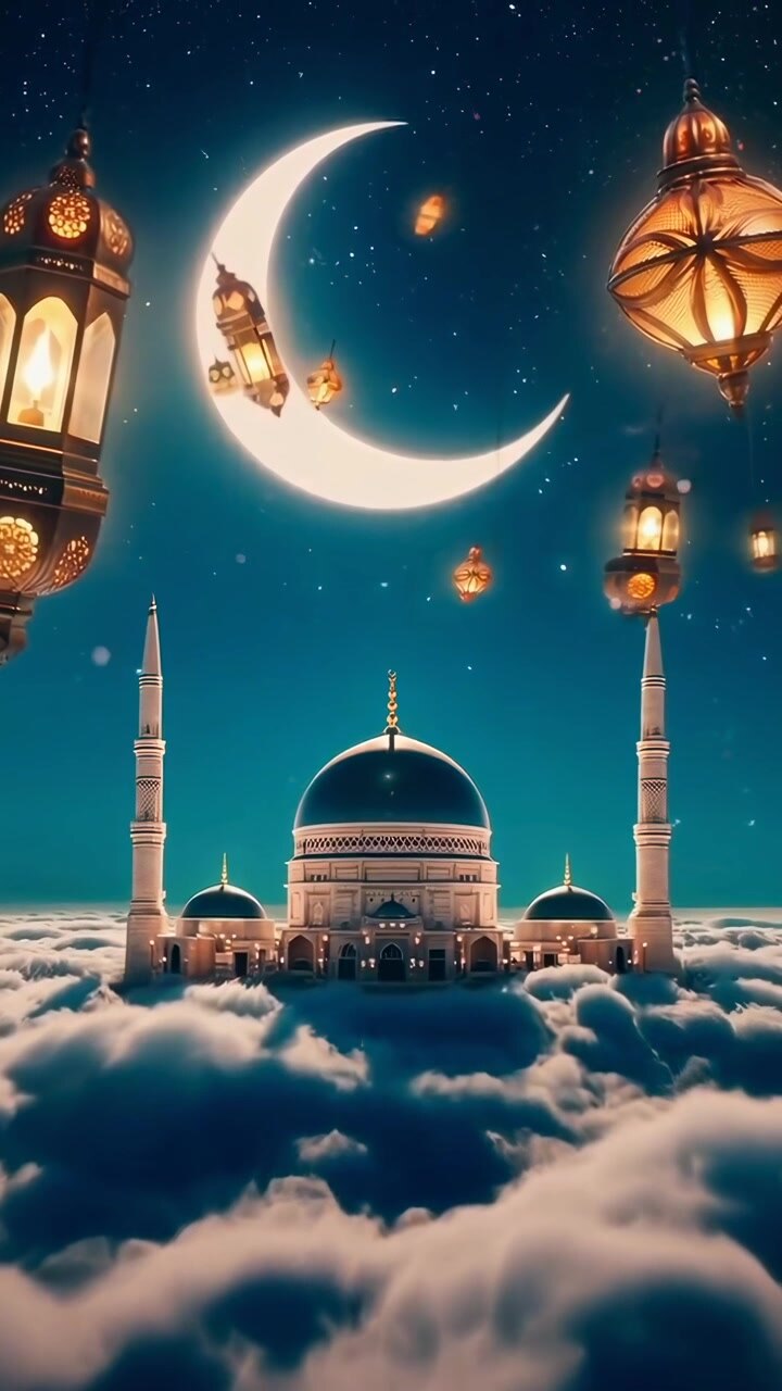Moschea e lanterne luminose che fluttuano sopra le nuvole di notte