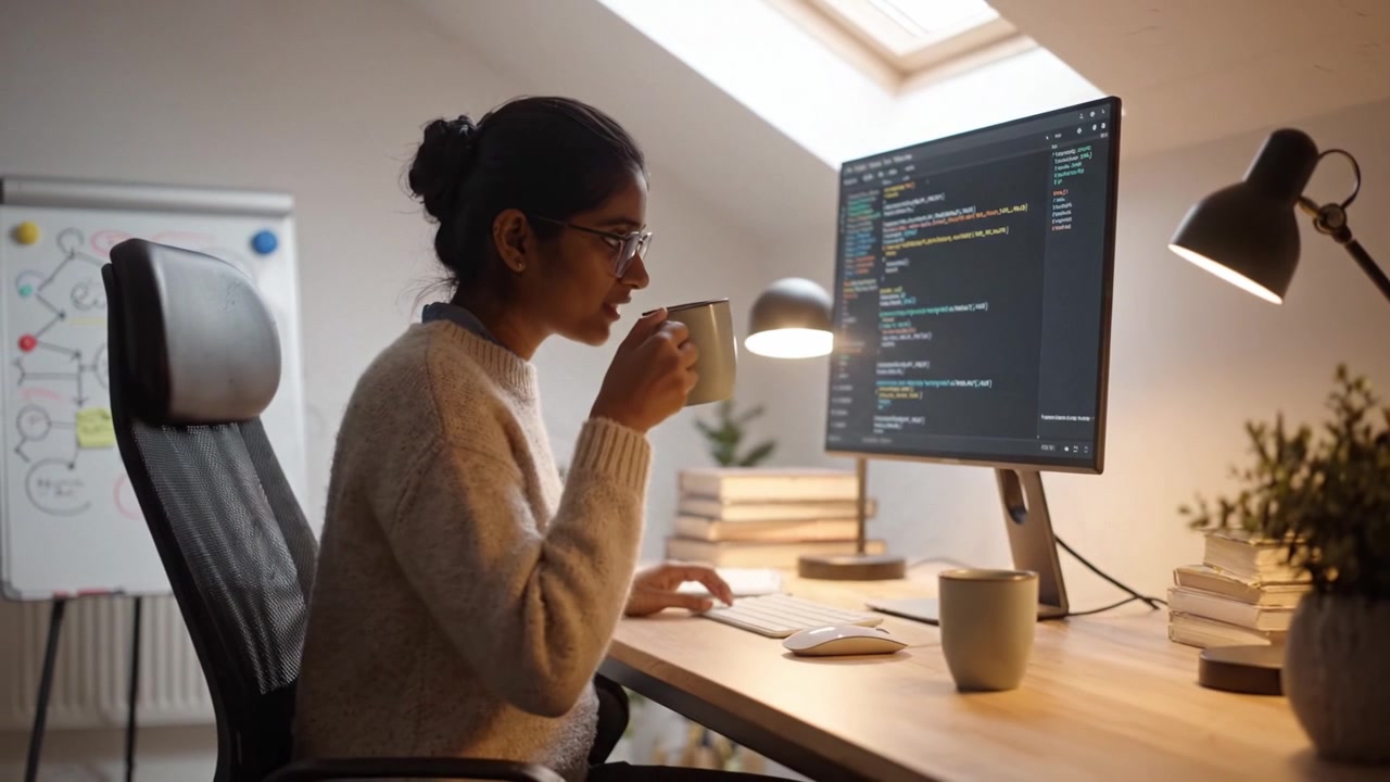 Focused on Coding: A Young Woman Engaged in Programming at a Modern Workspace, Surrounded by Books and Using a Computer with Coffee in Hand