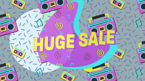 Animation-of-huge-sale-text-banner-over-boom-box-icons-in-seamless-pattern-and-abstract-shapes